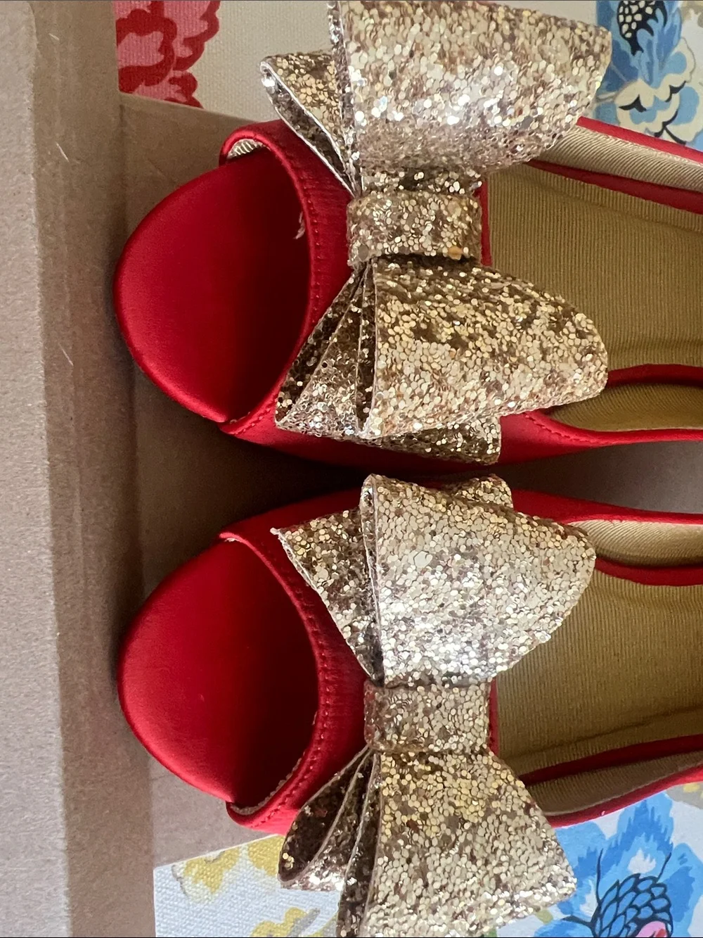 Joyfolie Red Satin Peep-Toe Heels with Gold Glitter Bow Accent